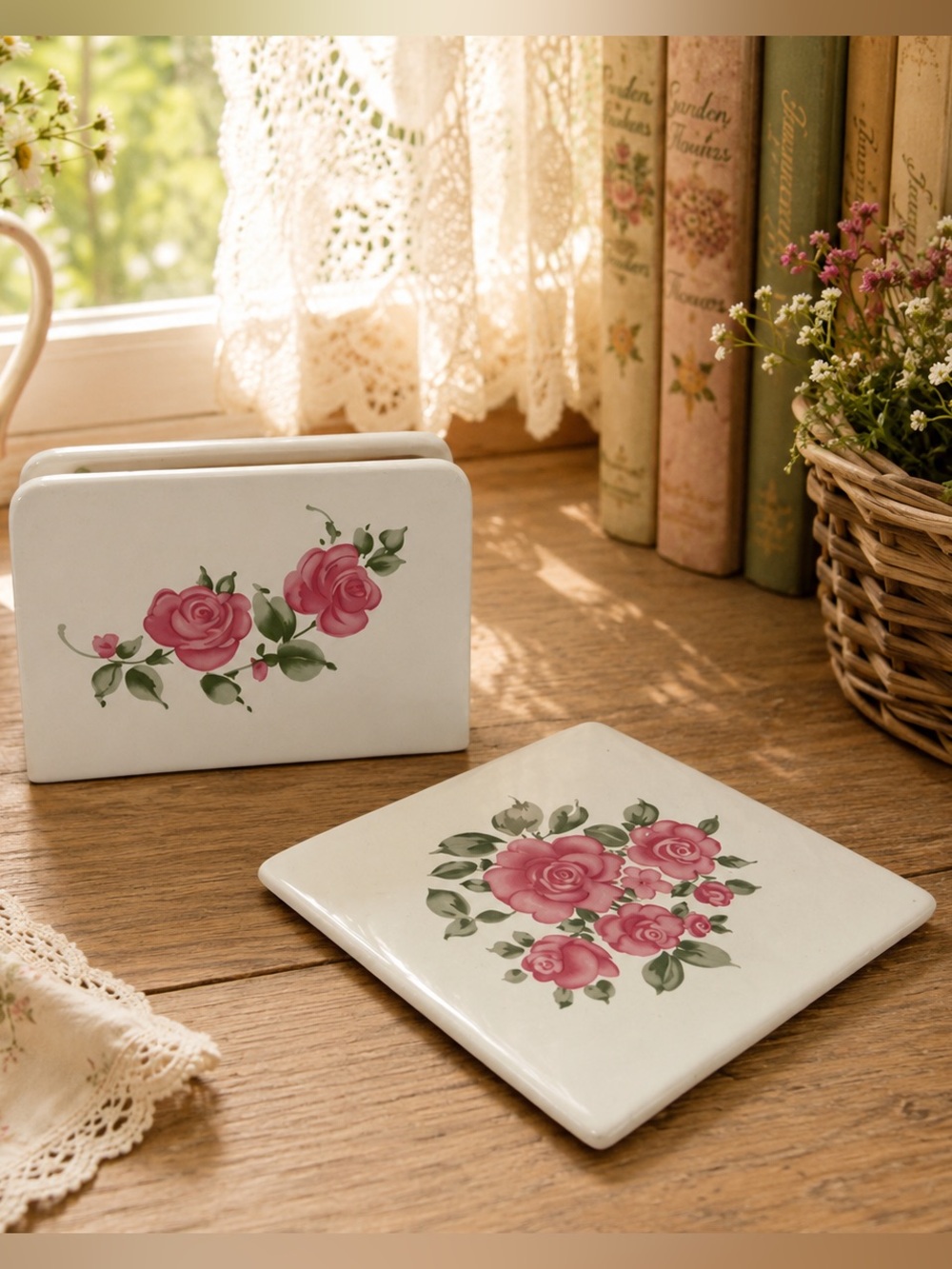Vintage Ceramic Rose Napkin Holder & Matching Trivet Set